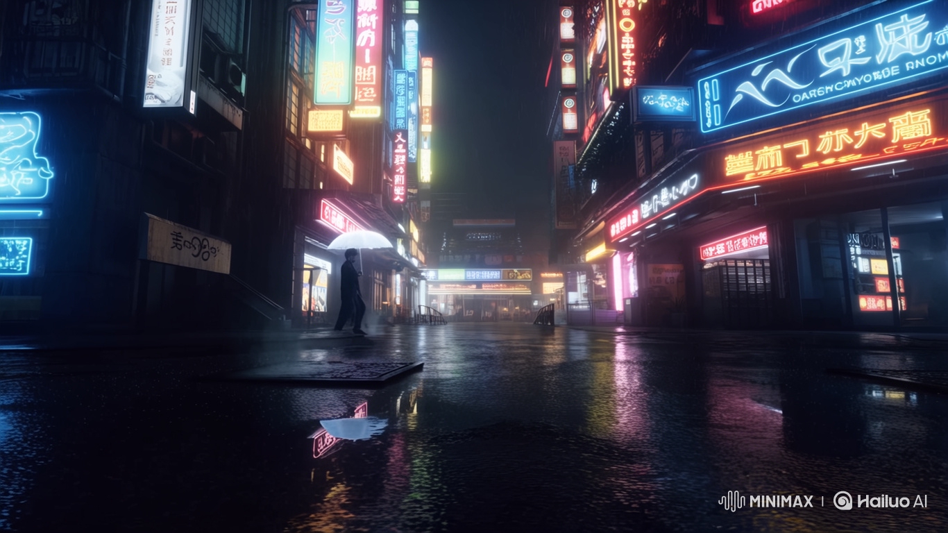 Cyberpunk City Street with LED Umbrella Walker