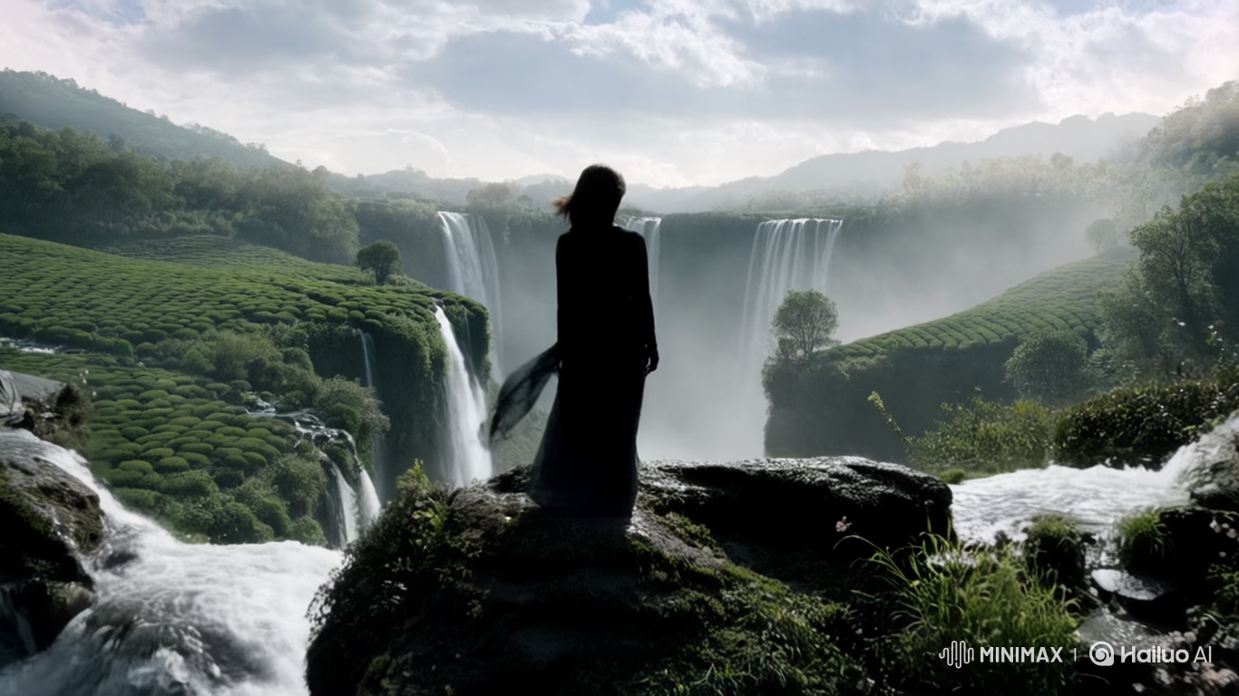 Silhouetted Figure Contemplates Waterfall in Misty Hills