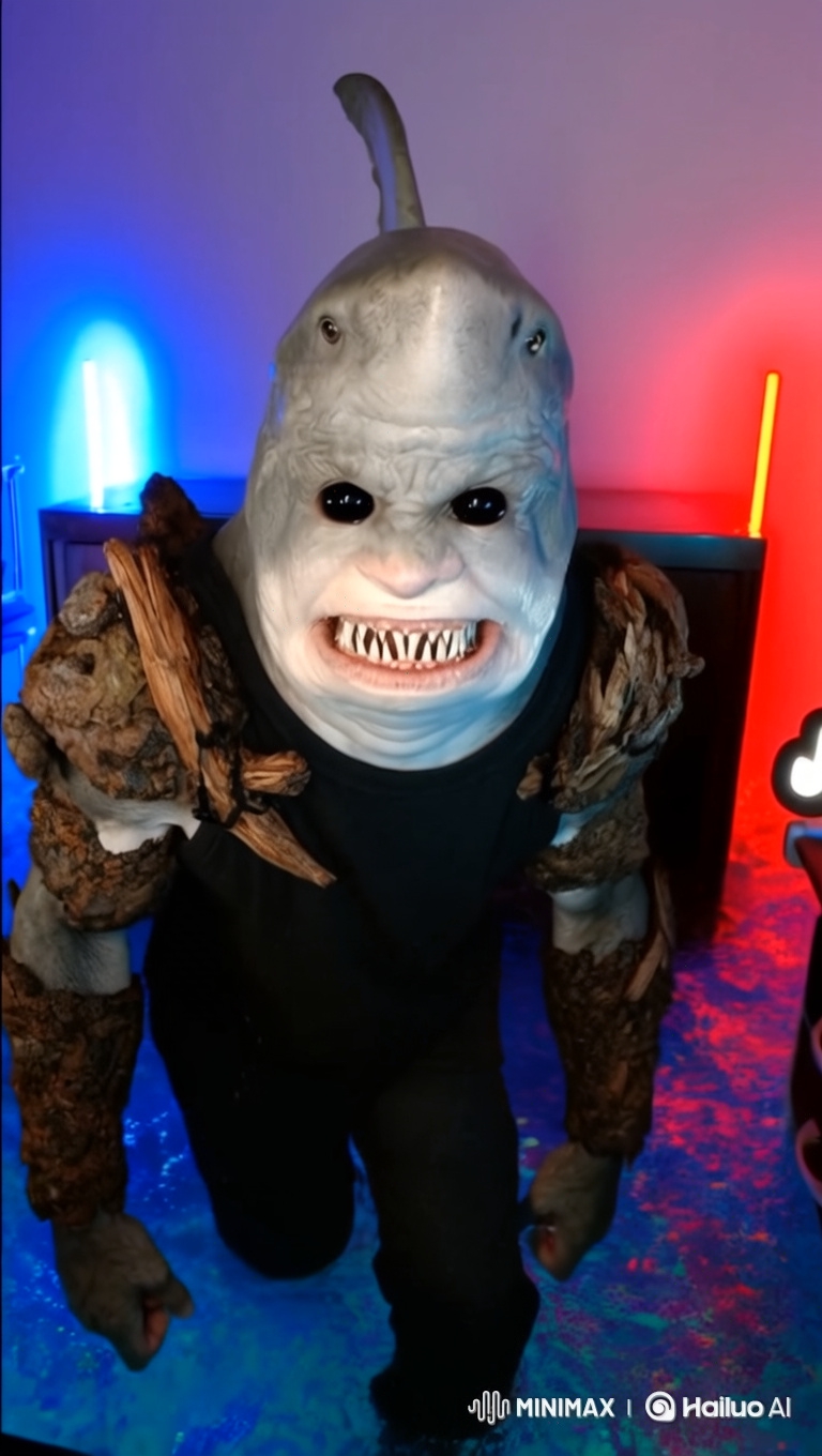 Shark-Man Hybrid Creature: Menacing Rise and Silent Roar