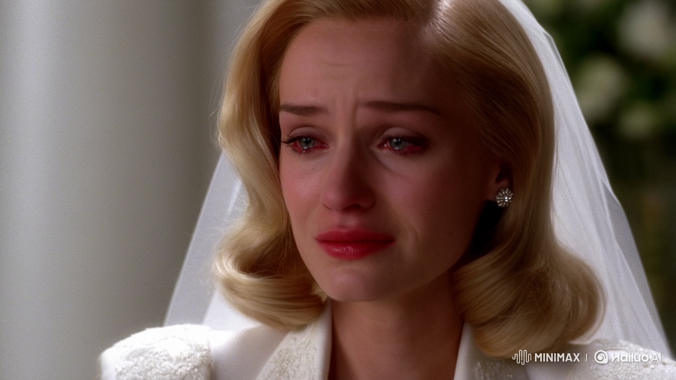 Sad Bride in Slow Motion with Tears and White Wedding Dress
