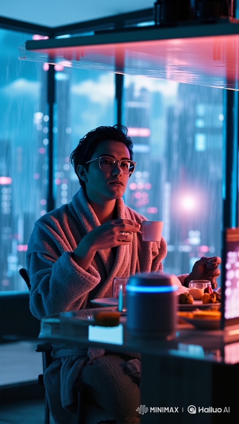 Young Man Interacts with AI Hologram in Cyberpunk Apartment