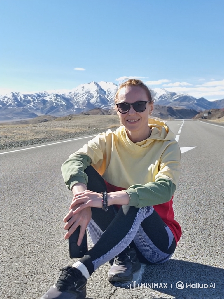 Woman Meditates on Mountain Road, Enjoying Scenic Beauty