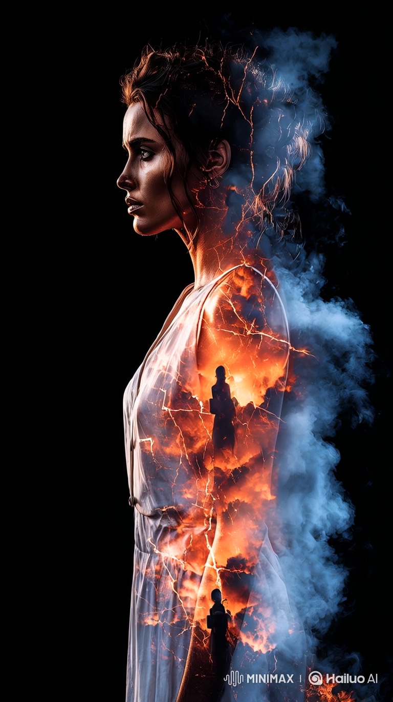 Cinematic Portrait: Woman with Fiery Inner Landscape