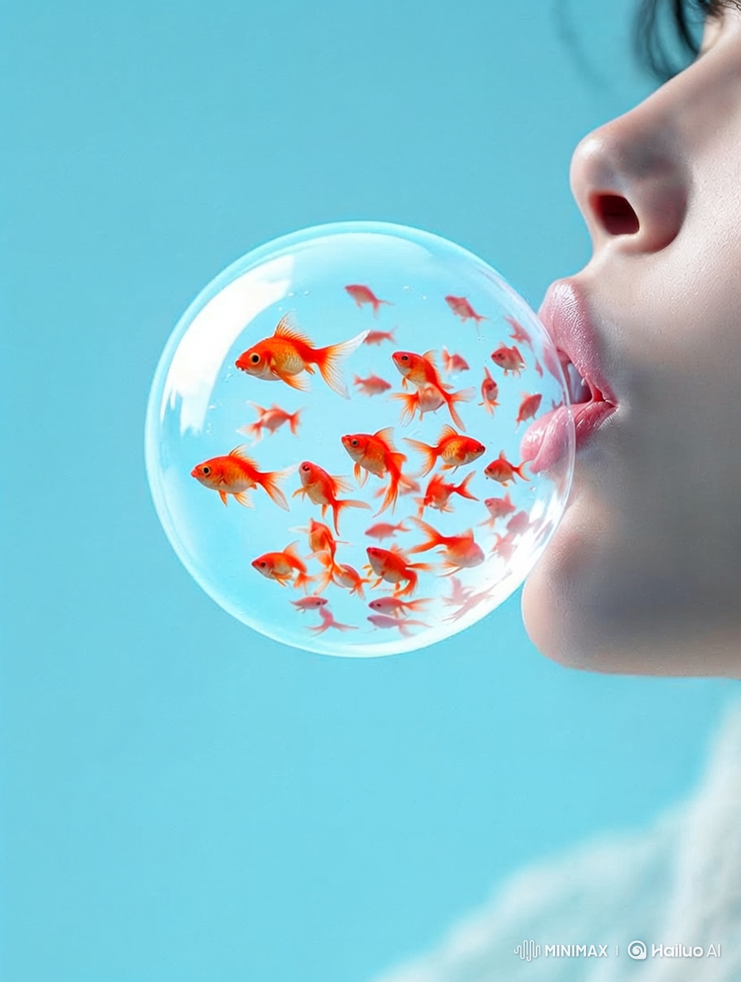 Woman Blows Bubble With Goldfish, It Bursts in Slow Motion