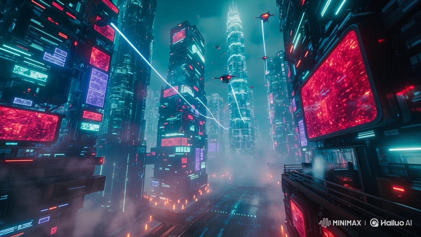 Futuristic Cyberpunk Cityscape Aerial Flythrough