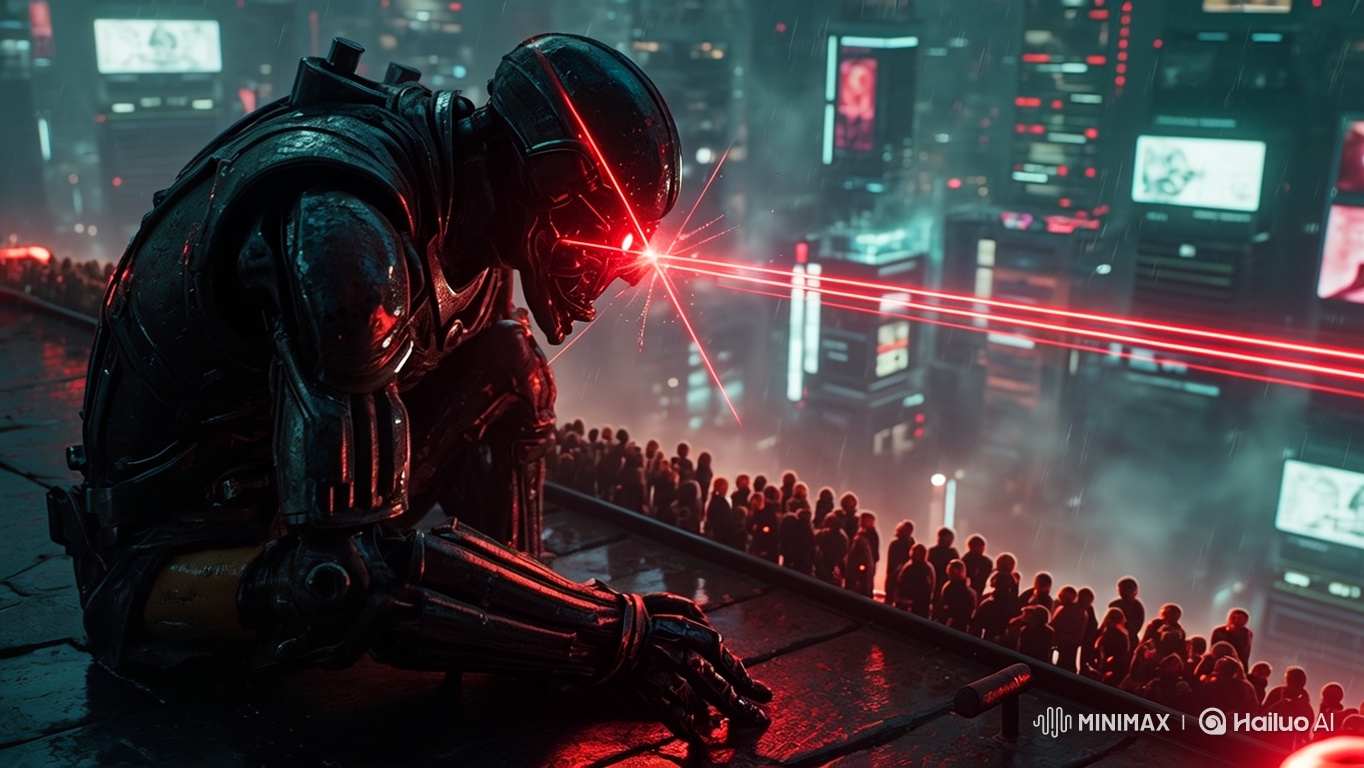 Dystopian Cityscape: Robot Scans Crowds with Laser Grid