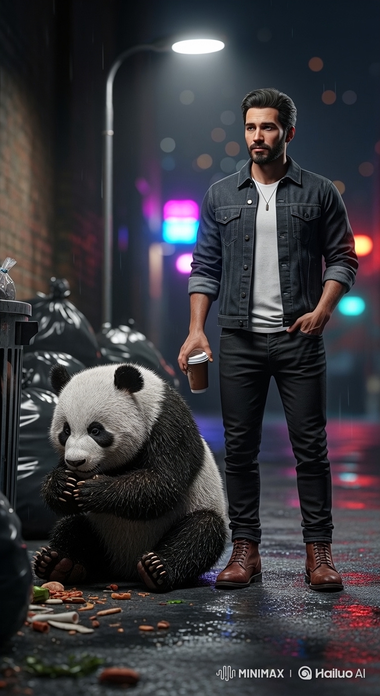 Urban Night: Man and Panda Share Silent Moment
