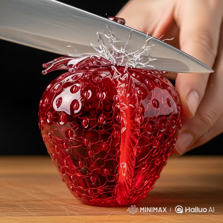 Hyper-Realistic Slow-Motion Slicing of a Glass Strawberry