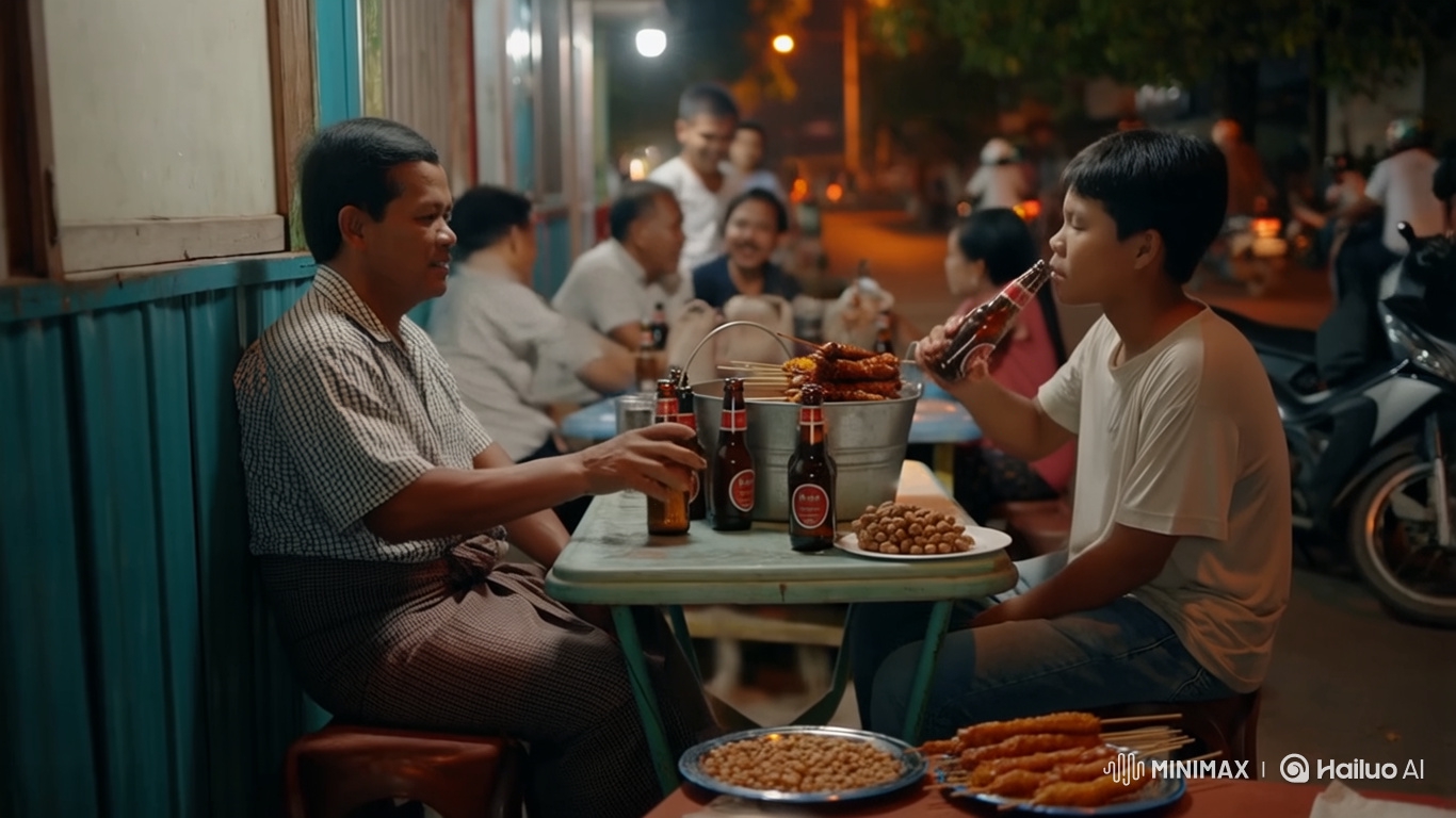 Father-Son Bond Over Beer in Yangon's Evening Glow