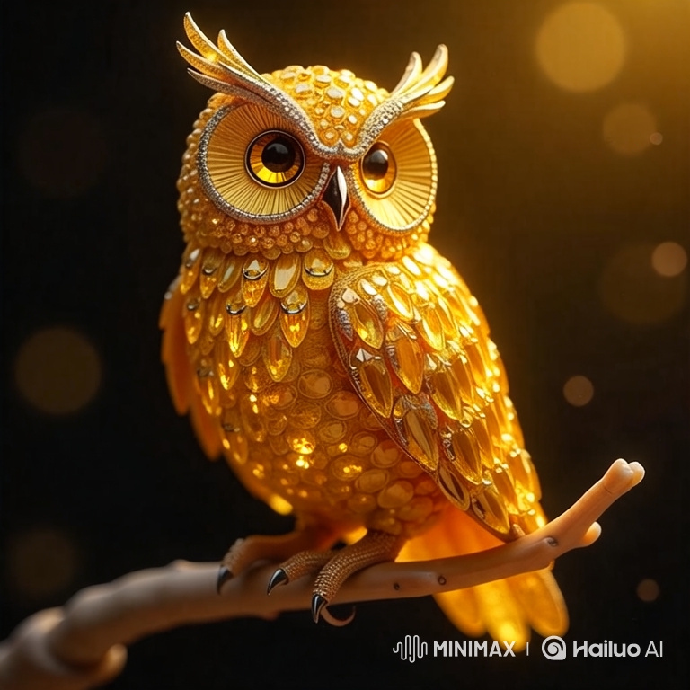 Golden Gemstone Owl Sculpture in Cinematic Detail