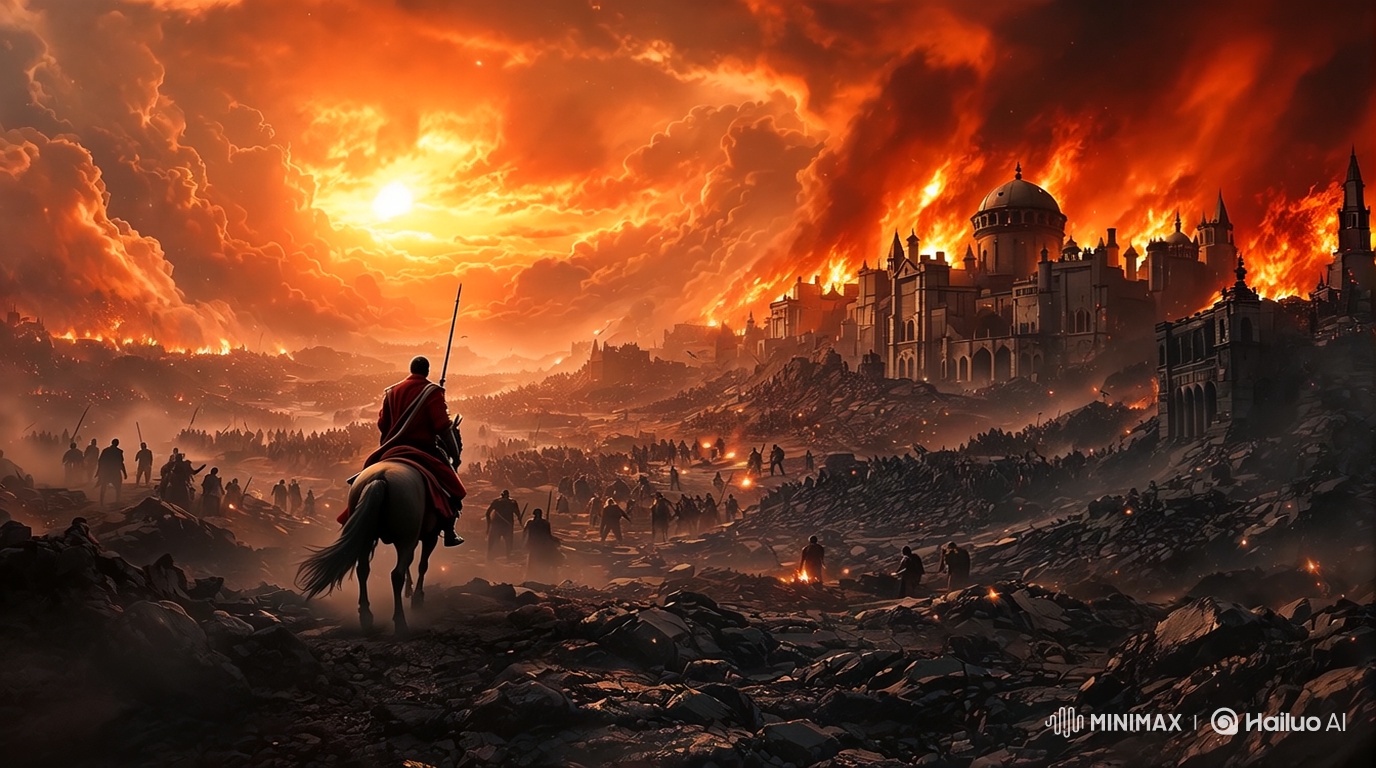 Medieval Siege Aftermath: Knight Overlooks Burning City at Sunset