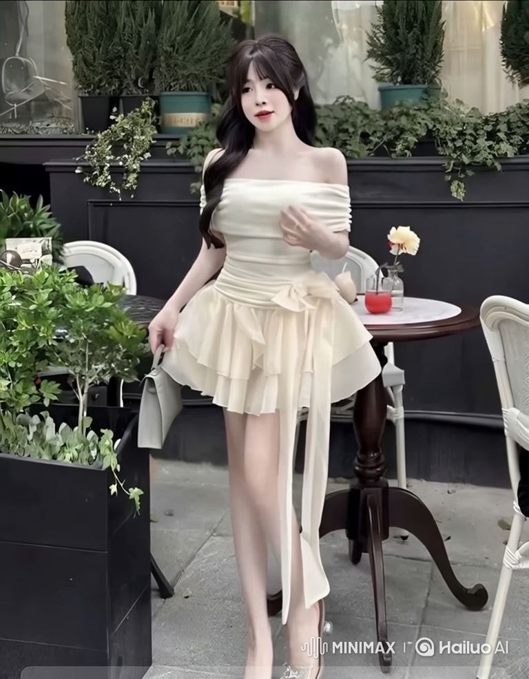 Graceful Woman in Elegant Dress Walks Across Patio