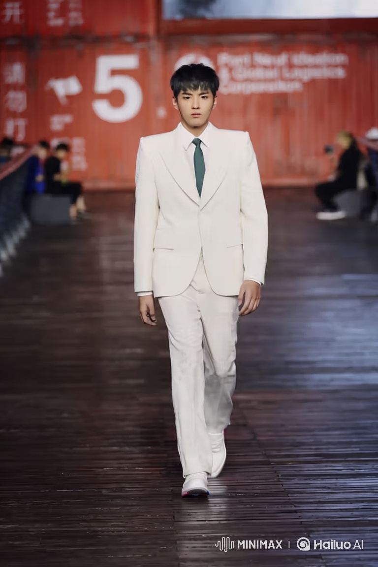 Young Model Struts confidently forward, the camera following closely behind, creating the atmosphere of a fashion advertisement.