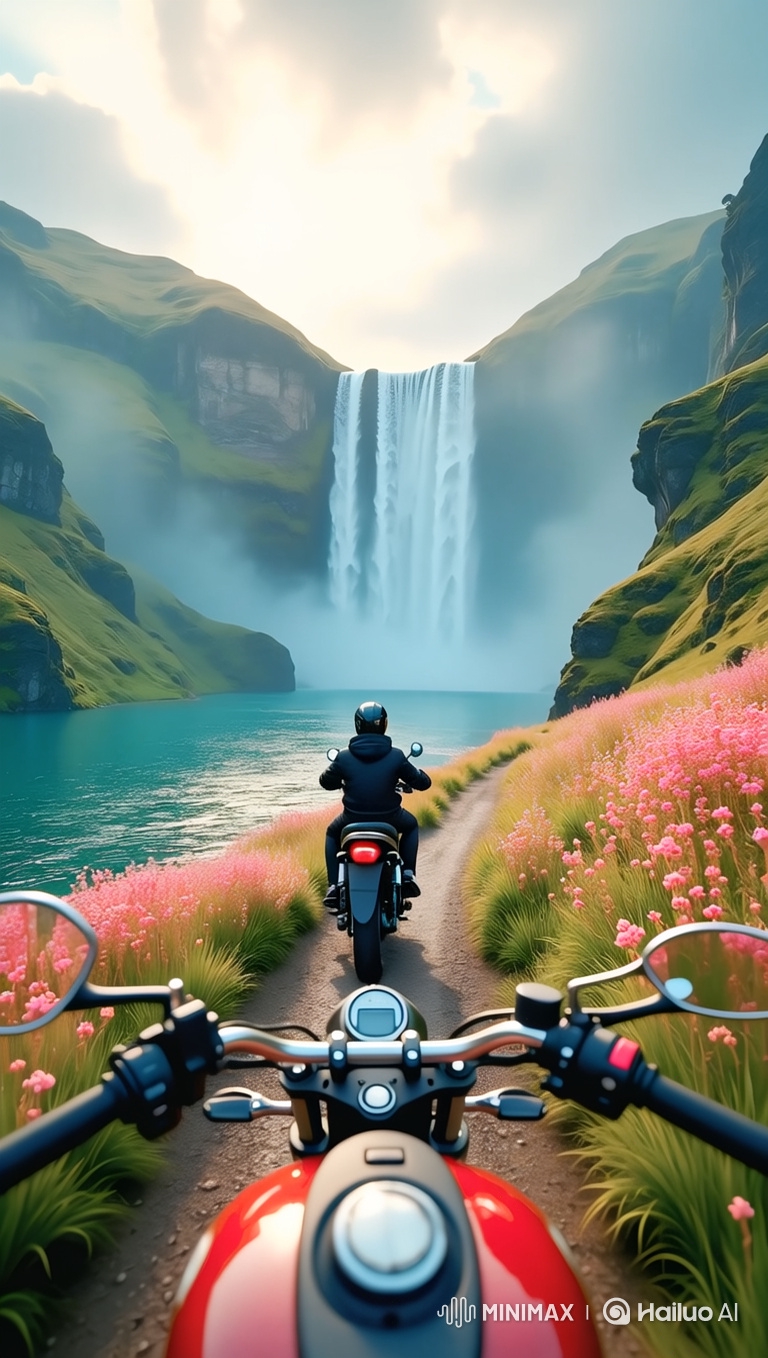 Motorcyclist's Journey Through Lush Valley to Waterfall