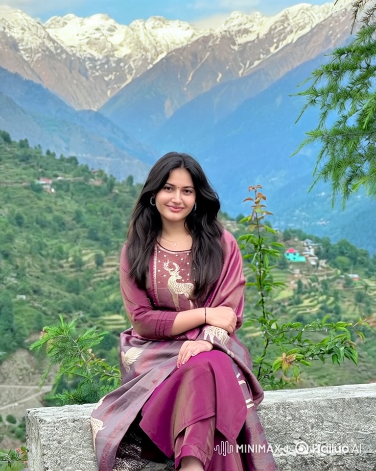 Young Woman in Traditional Dress Amidst Mountain Panorama