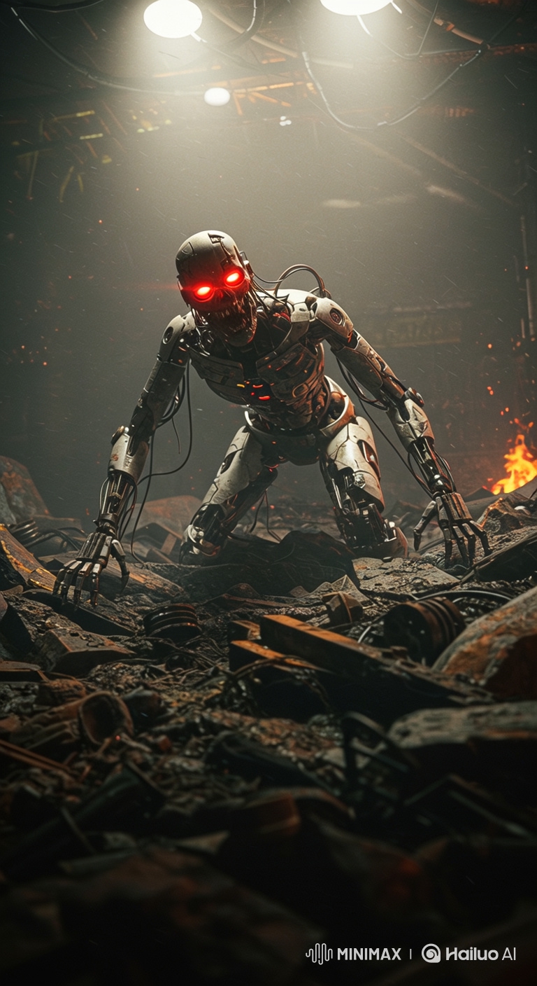 Robotic Zombie in Industrial Wasteland: A Tense Encounter