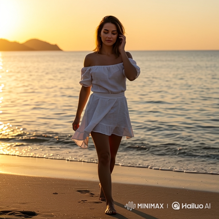 Woman in White Dress Walks on Beach at Sunset