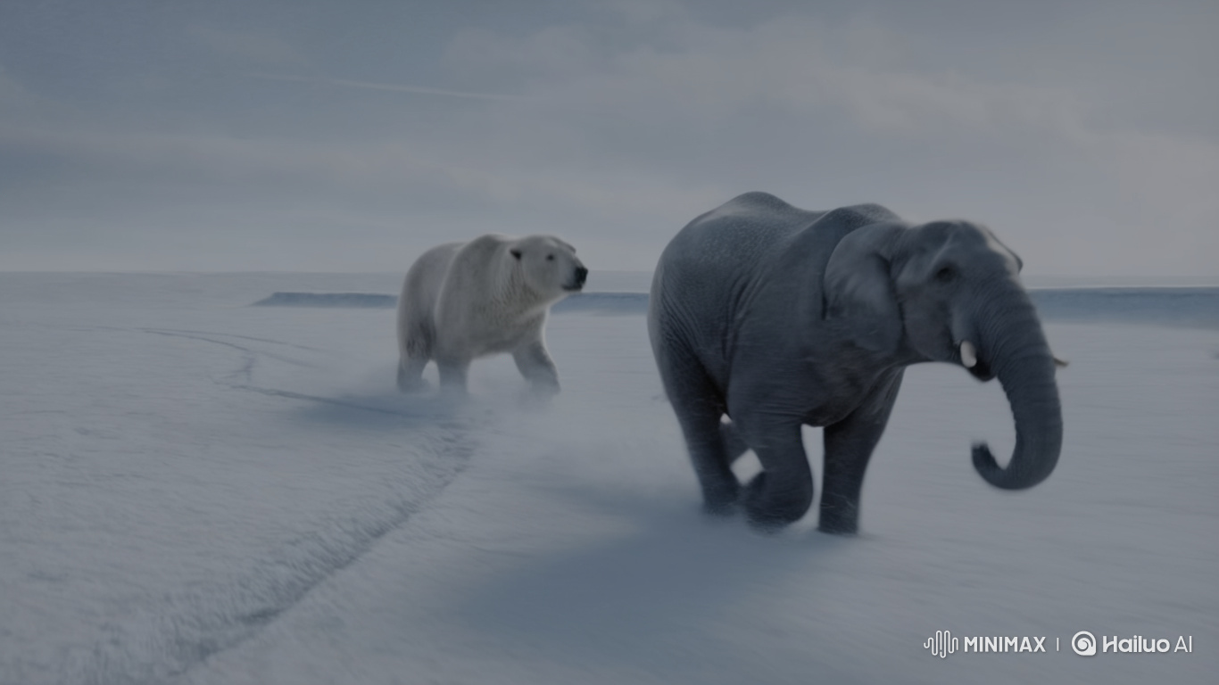 Polar Bear Pursues Elephant in Snowy Landscape Chase