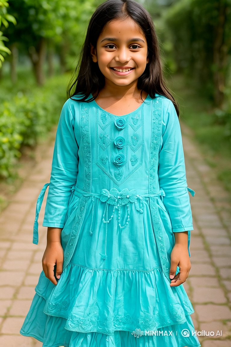 Joyful Girl in Traditional Dress Strolls Through Garden