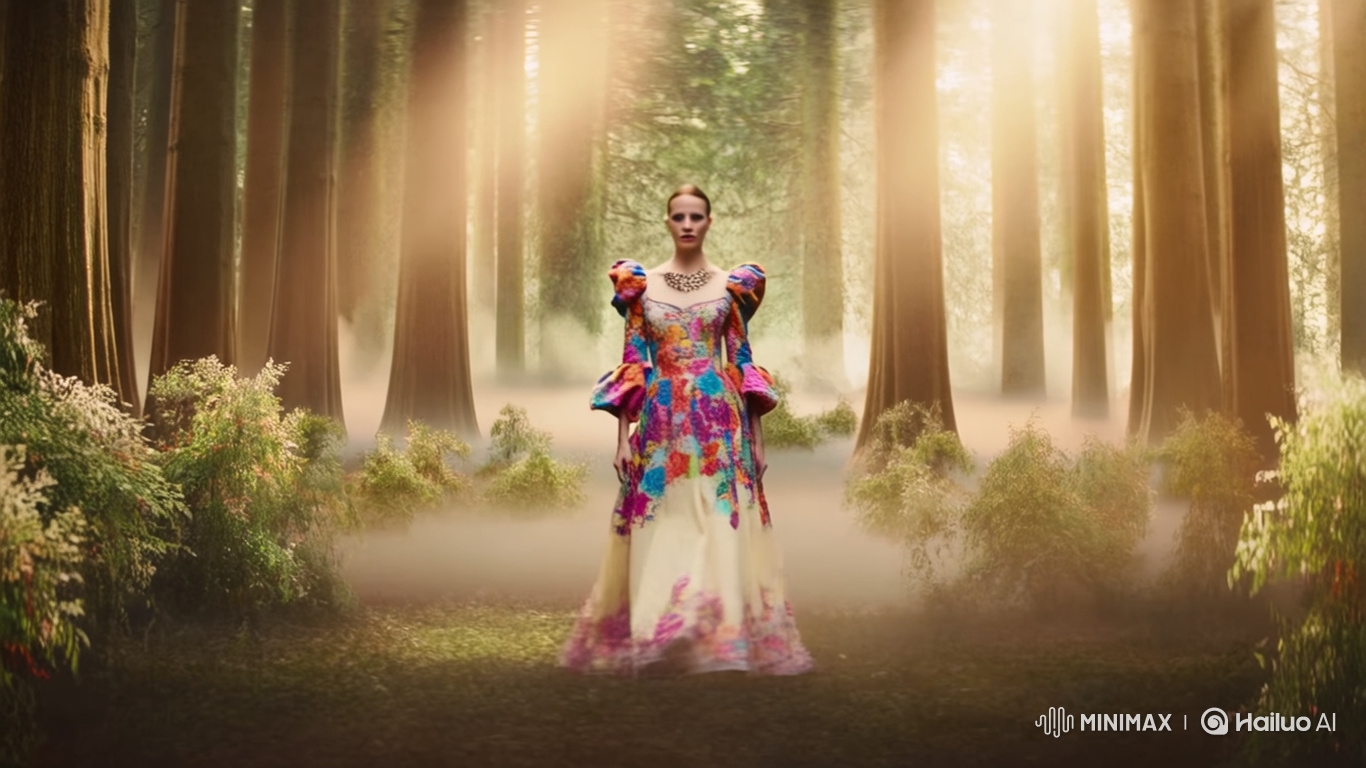 Enchanted Forest Fashion: Woman Twirls in Gucci-Inspired Gown