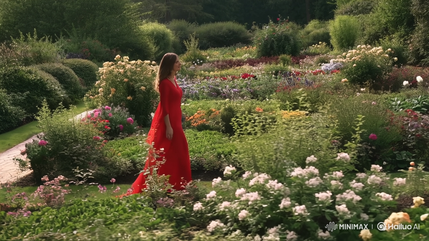 Elegant Woman in Red Dress Strolls Through Flower Garden