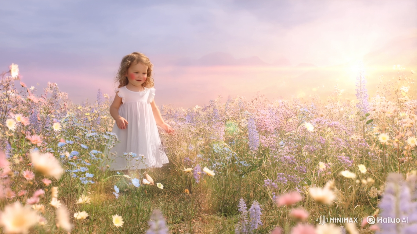Innocent Childhood: Girl in White Dress Amidst Wildflowers