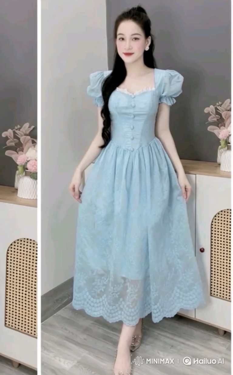 East Asian Woman in Vintage Dress Walks Gracefully