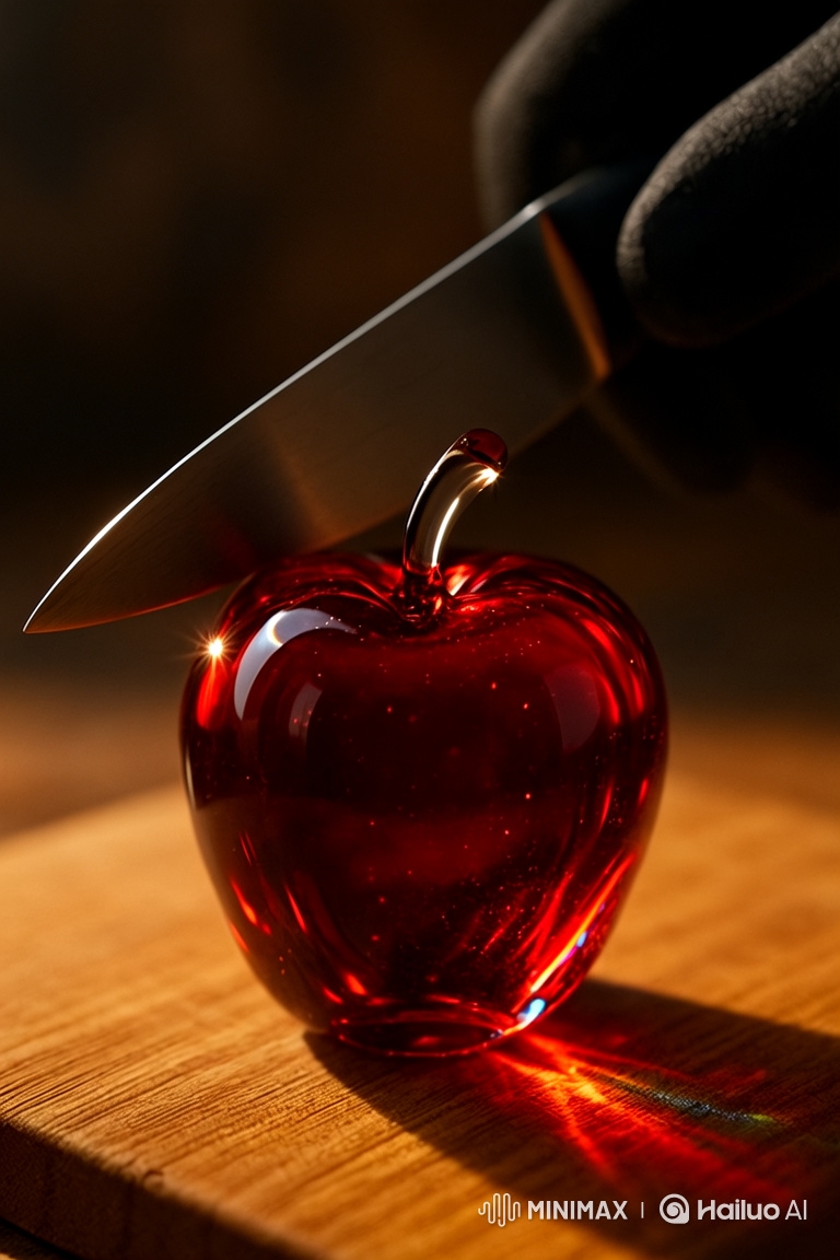 Ultra-Slow-Motion Glass Apple Slicing Scene