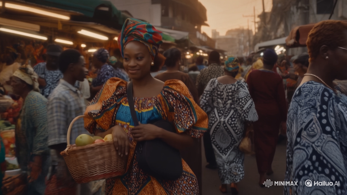 African Woman in Ankara Gown Walks Through Lagos Market at Sunset
