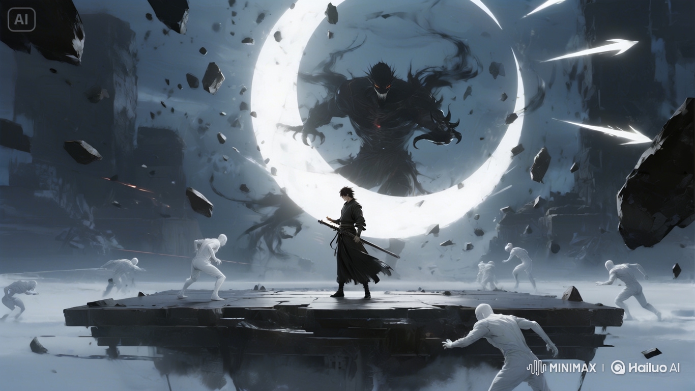 Lone Warrior Battles Demons Amidst Floating Ruins