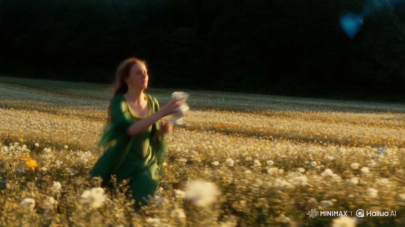 British Woman in Silk Gown Runs with Vase in Flower Field
