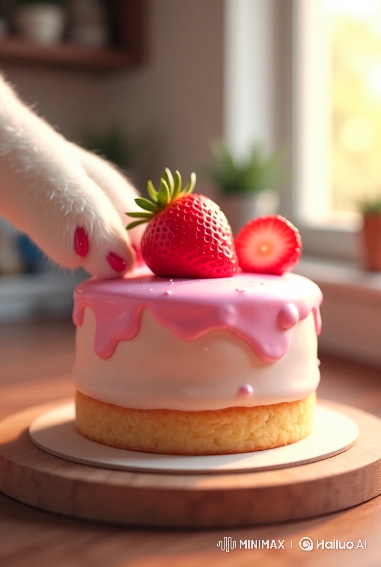 Cat Paw Gently Presses Into Delicate Strawberry Cake