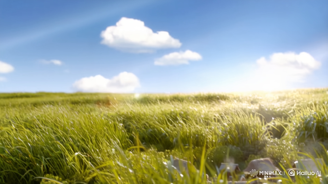 Sunlit Meadow Reveals Tiny Village at Grass Base
