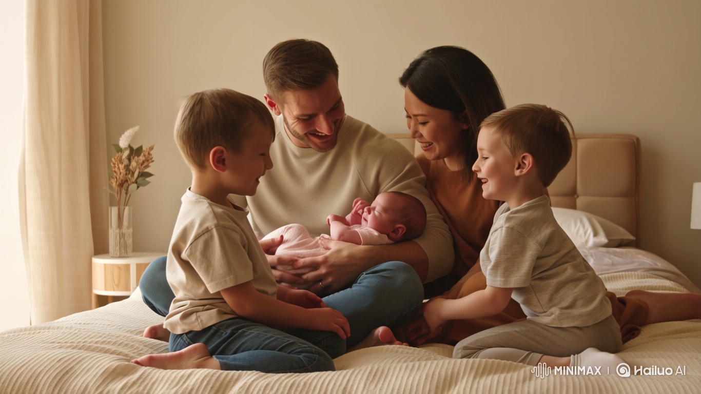 Family Bonding Over Newborn in Cozy Bedroom