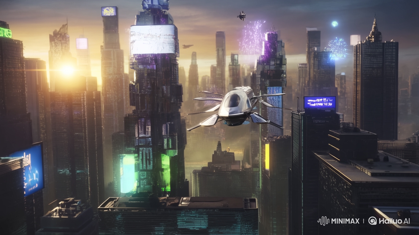 Futuristic Cityscape: Arrival of a Flying Train at Dusk