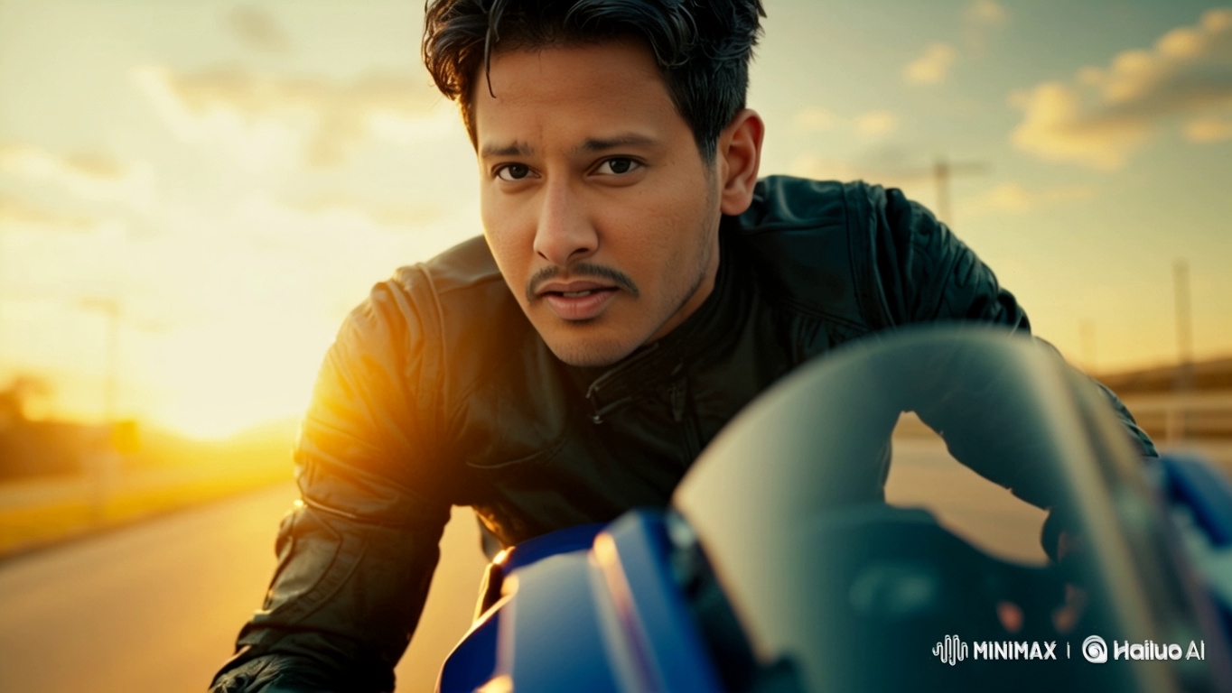 Cinematic Close-Up of a Biker on a Blue Superbike