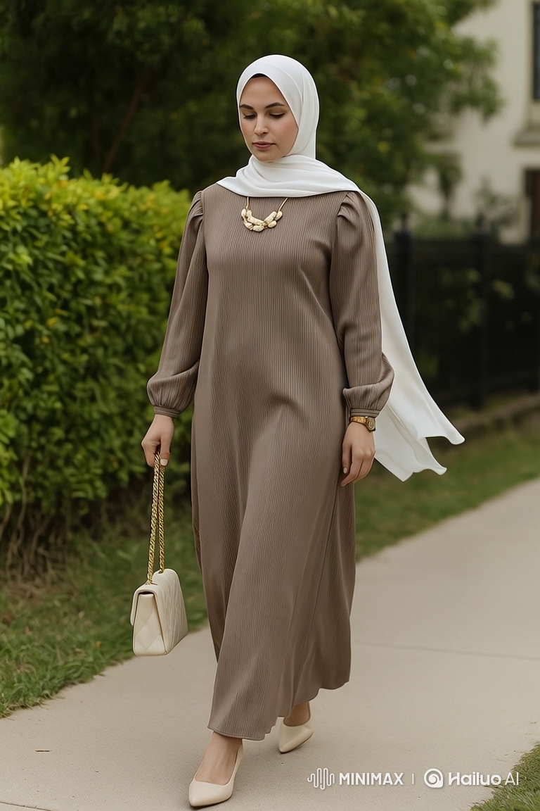 Elegant Woman in Chocolate Brown Dress with Hijab Walks Gracefully
