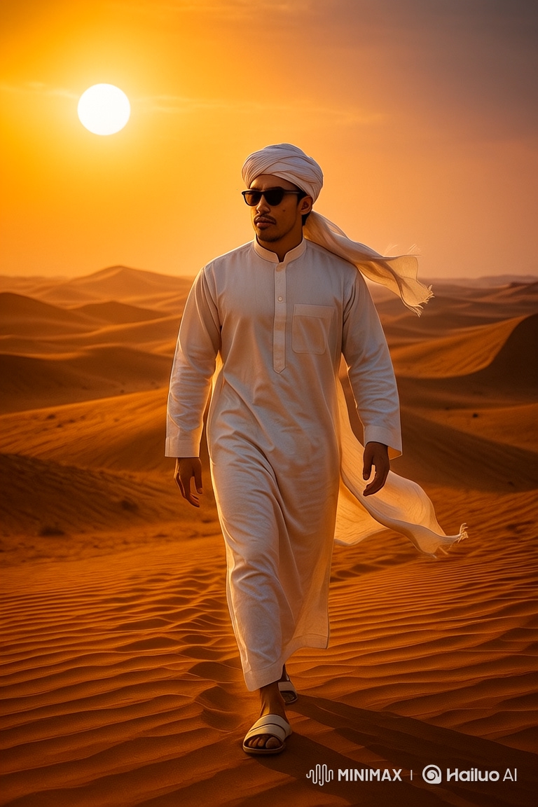 Man Walking Through Desert at Sunset
