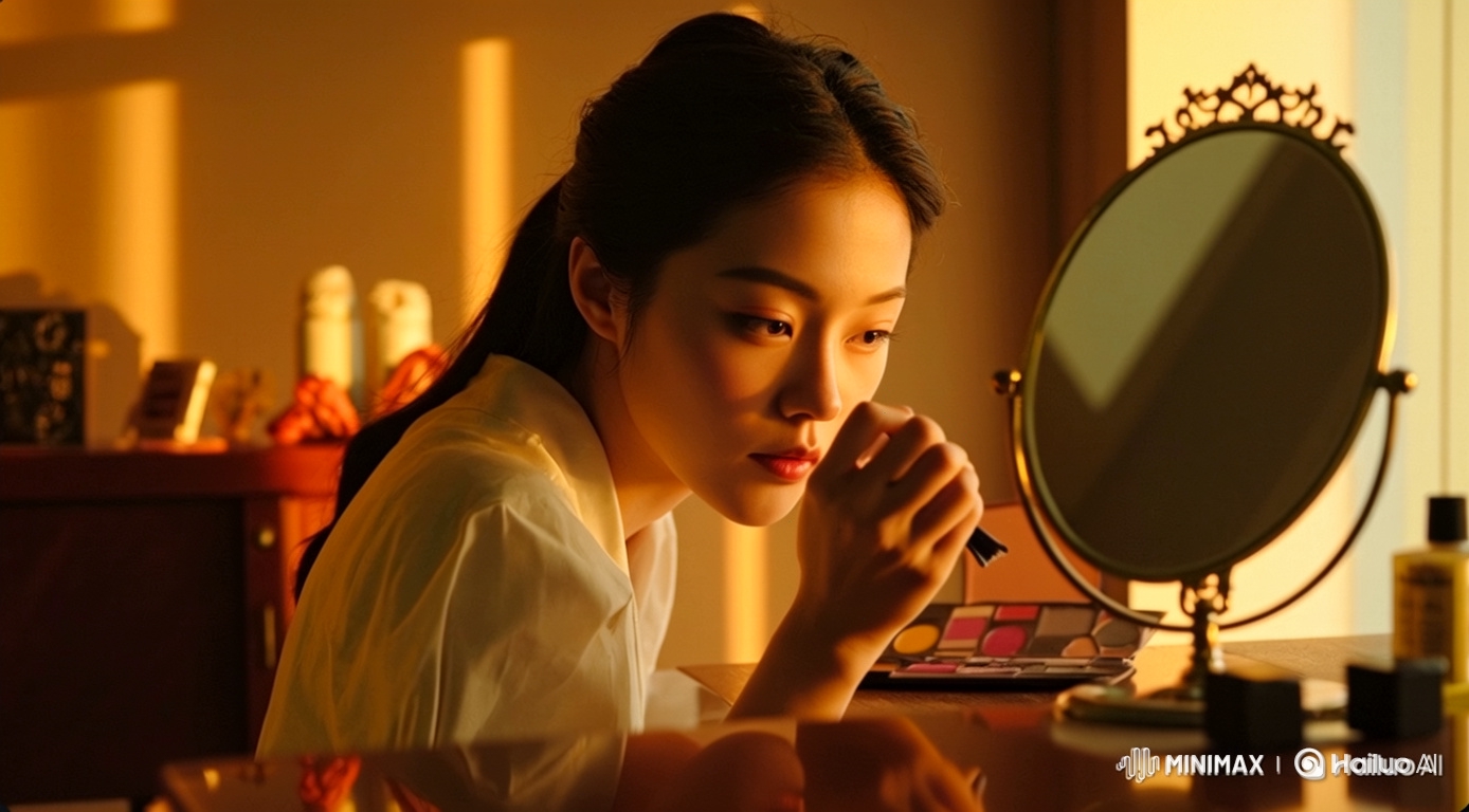 Young Woman Applying Makeup in Golden Light