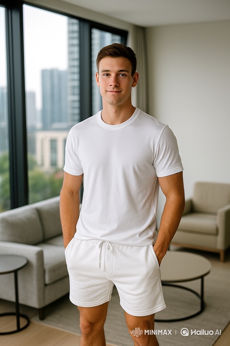 Male Model Showcases Stylish Outfit in Bright Apartment
