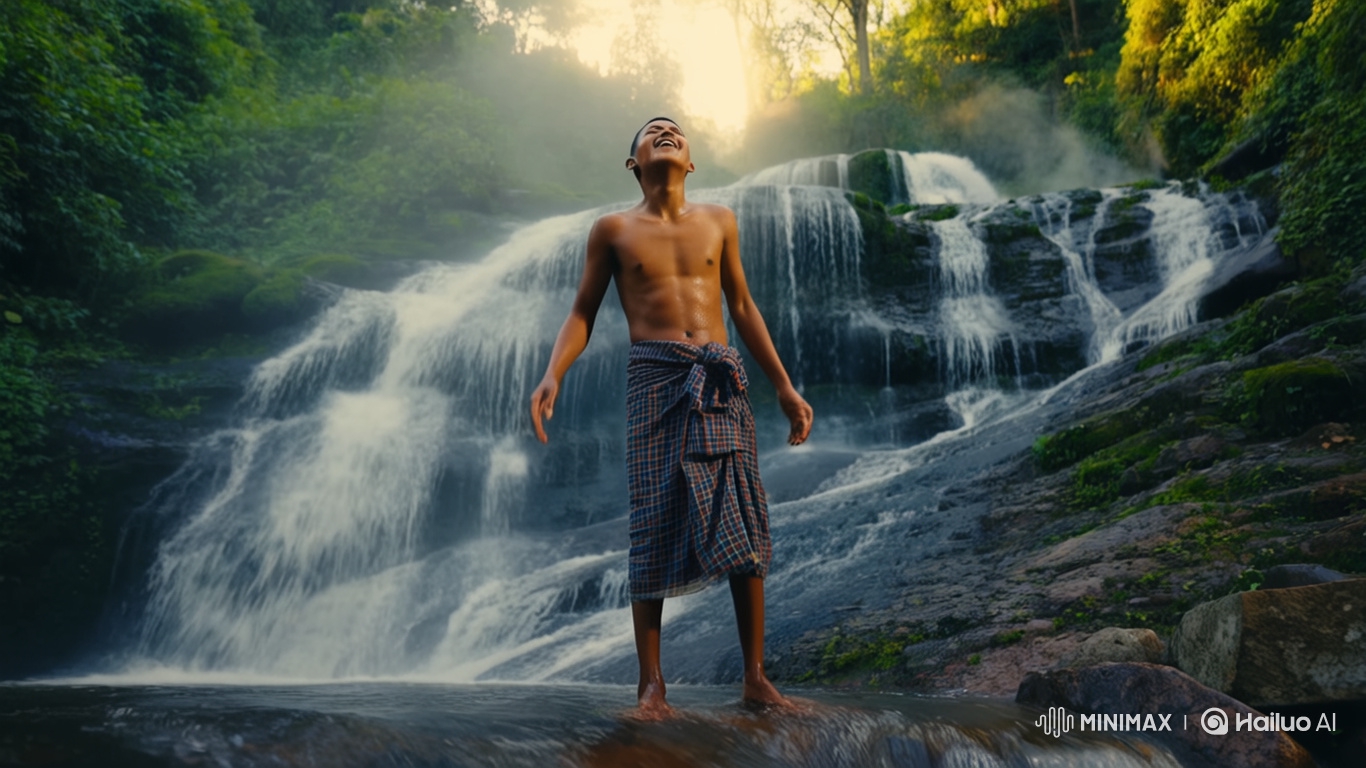 Joyful Man Experiences Bliss Under Majestic Waterfall