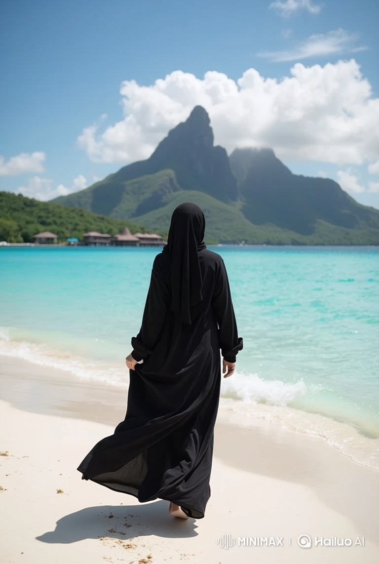 Woman in Black Dress Walks on Tranquil Tropical Beach