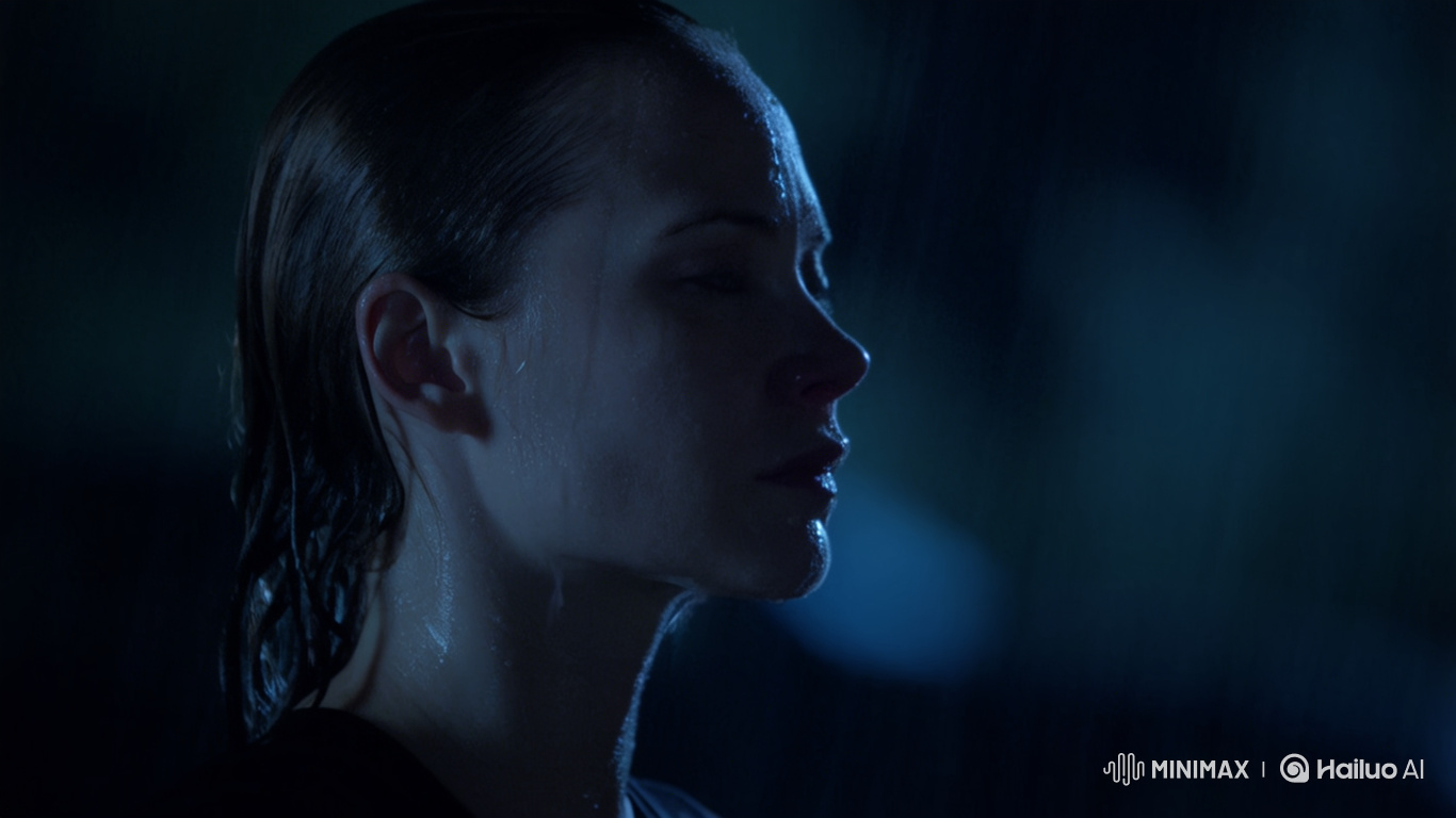 Dramatic Profile Portrait: Determined Face in Night Rain