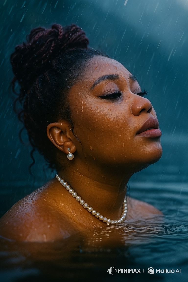Woman in Blue Water: Serene Portrait Amidst Rain