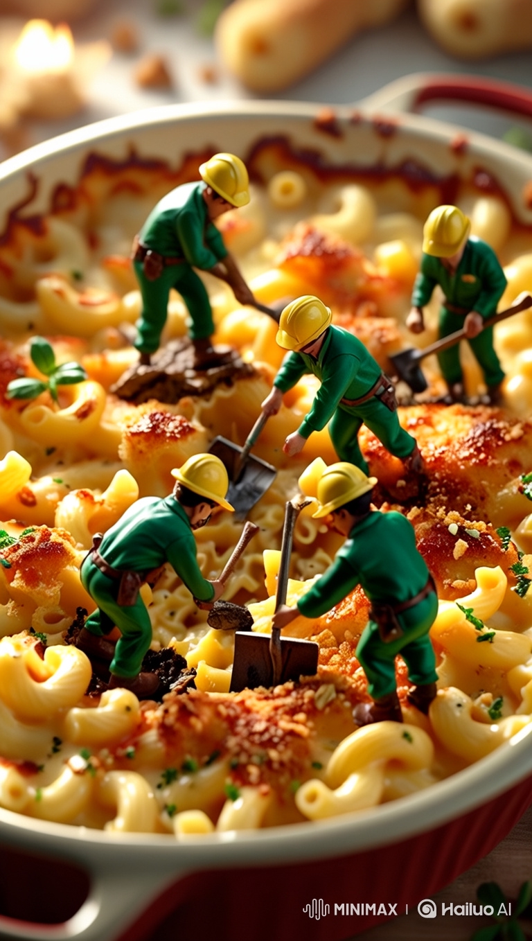 Miniature Construction Crew Works on Macaroni and Cheese Dish