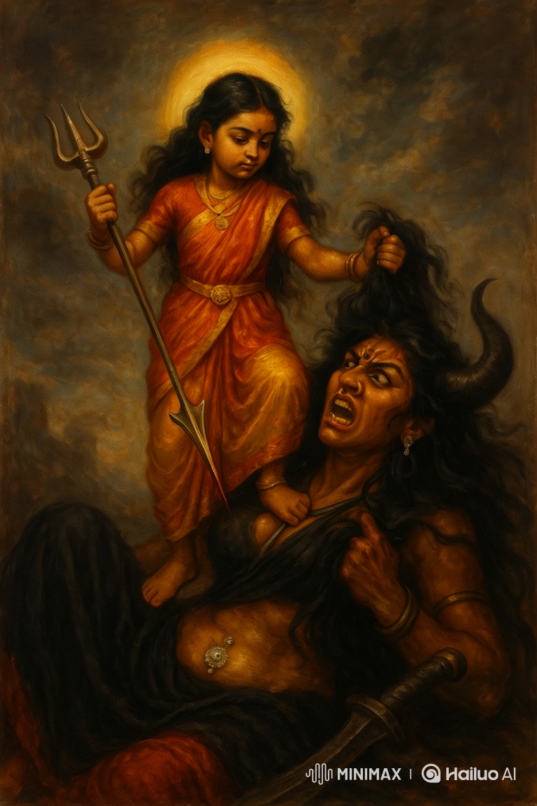 Young Girl Triumphs Over Defeated Horned Woman