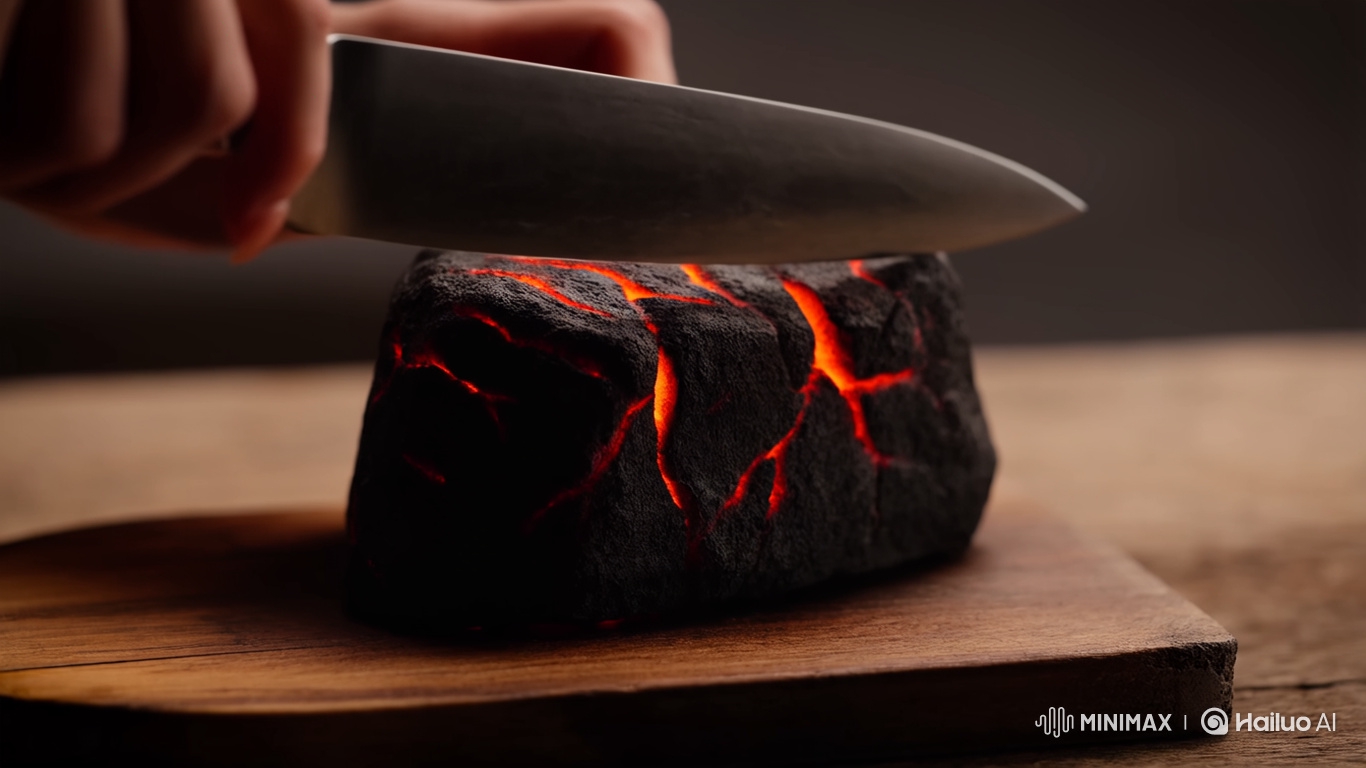 Hyper-Realistic Lava Stone Sliced on Wooden Board