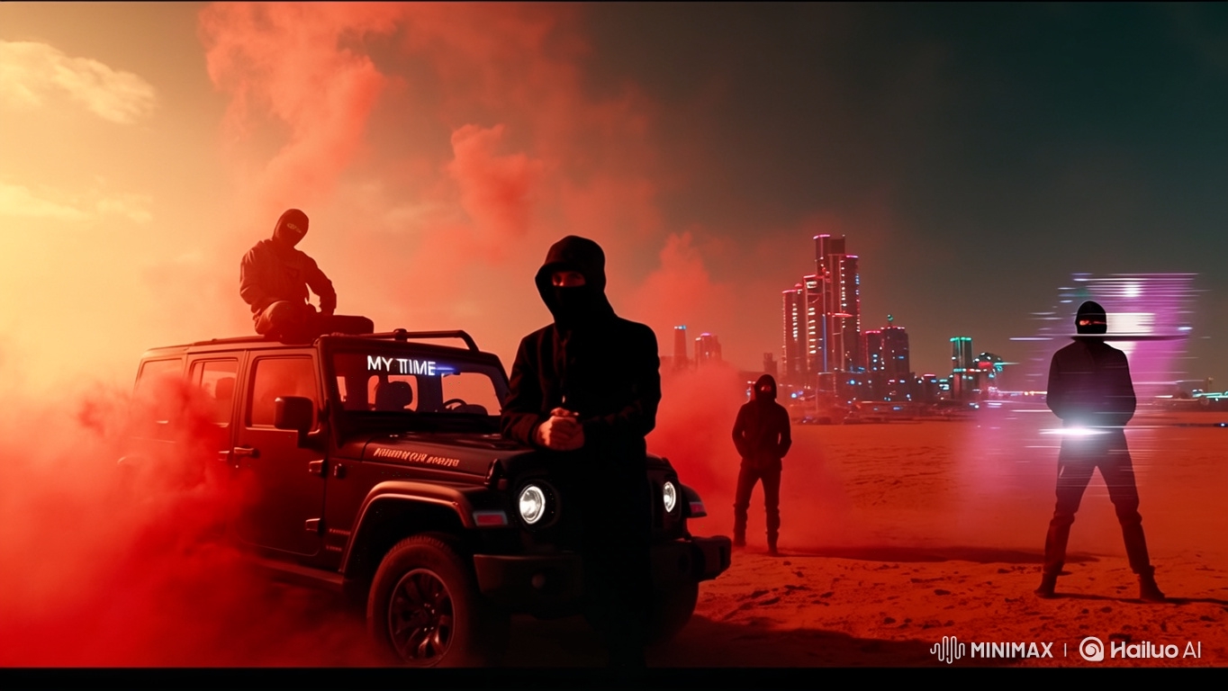 Mysterious Figures in Desert at Sunset with Futuristic City Glitch Effects