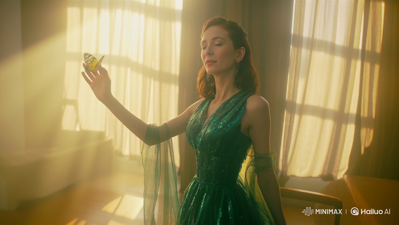 Woman in Green Dress Enjoys Moment with Butterfly
