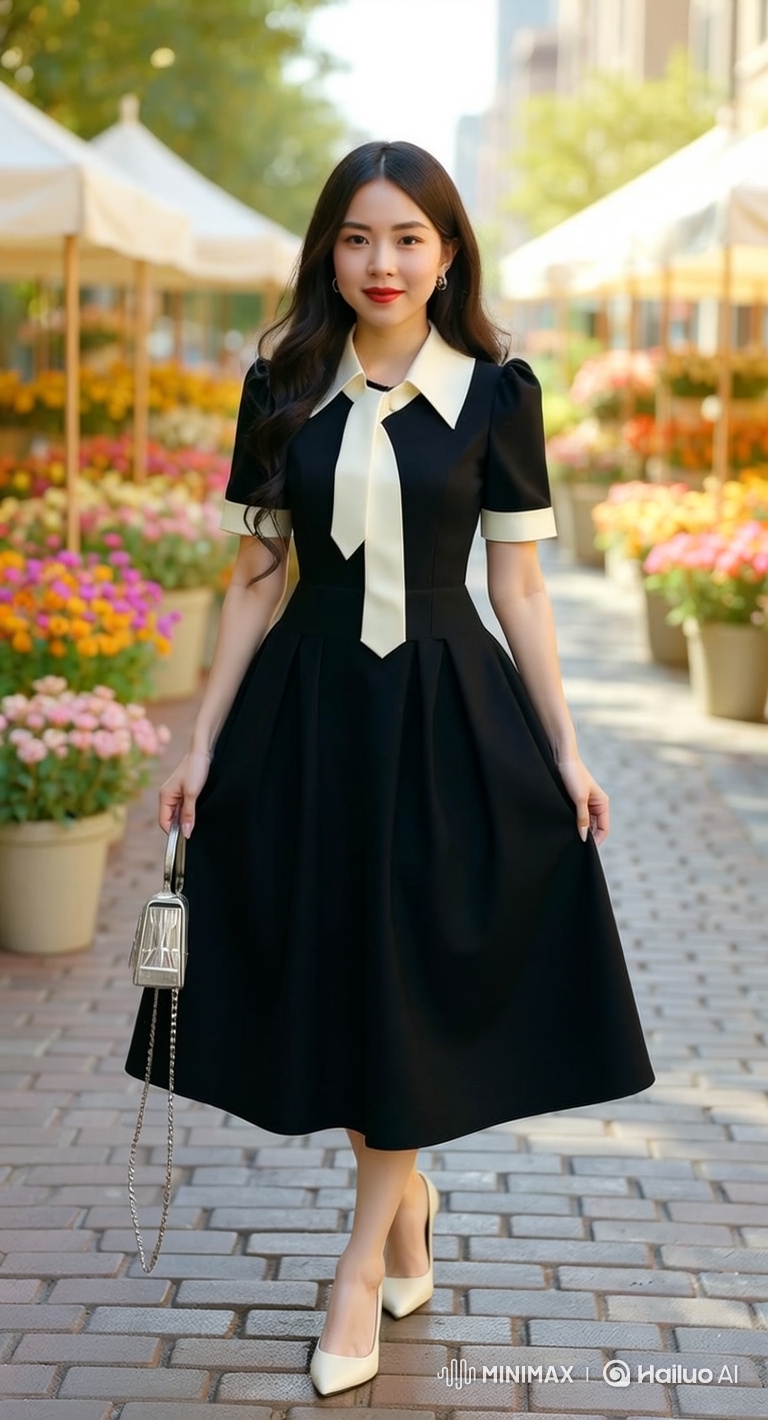 Graceful Woman in Black Dress Walks Confidently